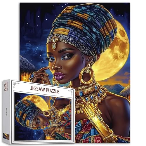 1000-teiliges Puzzle für Erwachsene, afrikanische Afrika, schwarzes Mädchen, Malerei, Puzzle, Königin trägt Glodenschmuck, 1000 Teile, Puzzle-Spiel, Vollmond-Wanddekoration, DIY-Bastelpuzzle Kunst von TUMOVO