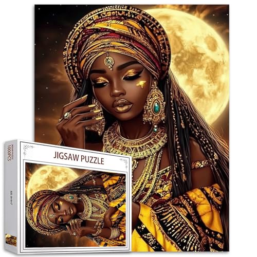 Afrika Queen 1000-teiliges Puzzle für Erwachsene, Afro-Amerika-Frau, Malpuzzle, Afro-schwarzes Mädchen, 1000 Teile, Puzzle-Spiel, Vollmond-Wanddekoration, Bastelpuzzle, Kunst, Safar-Geschenk (bunt) von TUMOVO