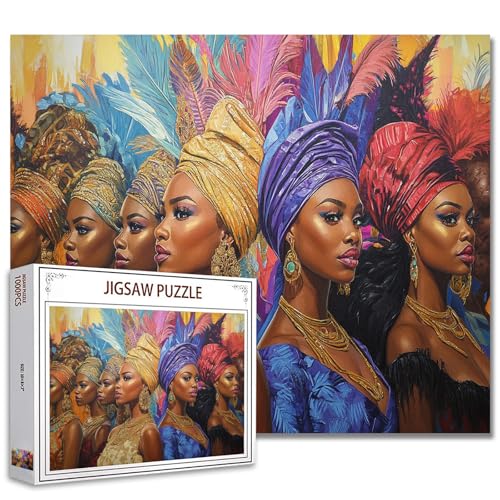 Afrika Schwarzes Mädchen 1000 Teile Puzzle für Erwachsene Afro Amerika Frau Malerei Puzzle Mode Frau trägt Feder Headwrap 1000 Teile Puzzles Spiel Safar Wand Dekor DIY Handwerk Puzzle Kunst von TUMOVO