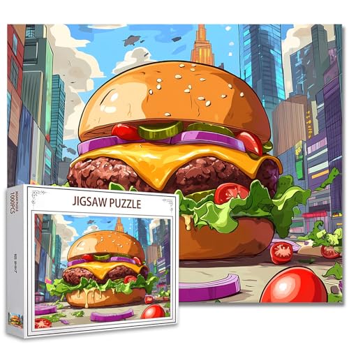 America Food-Puzzles für Erwachsene, Familien (große Hamburger, Tomaten, Zwiebeln, Käse, Rind), 1000 Teile passen perfekt zusammen, 40 x 70 cm, Stadtbild, gerahmt, magisches Puzzle, Kunstgeschenk von TUMOVO