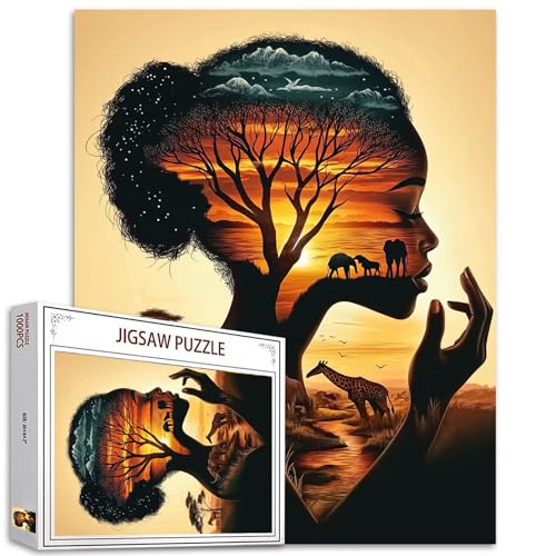 Black Girl Puzzles 1000 Teile für Erwachsene, Familien (Afrika, Frau, Elefant, Giraffe, Baum des Lebens) Teile passen perfekt zusammen, 50 x 70 cm, Landschaftsaufführung, rahmenbares magisches Puzzle von TUMOVO