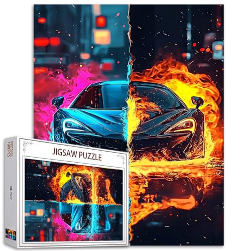 Feuerauto-Puzzle, 1000-teiliges Puzzle für Erwachsene, Auto in Neonblau, Malerei, Puzzle, Auto in Flammenrot, Puzzles für anspruchsvolle Familienaktivitäten, Kunst, Stadtbild, DIY-Puzzle, Dekoration, von TUMOVO