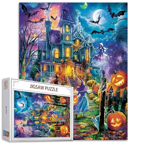 Happy Halloween Art Puzzle für Erwachsene, Hexen, Mädchen, Gemälde, Puzzle, Geister, Puzzles für anspruchsvolle Familienaktivitäten, Herbst-Kürbise, Bilder, DIY-Puzzle, Wanddekoration (bunt) von TUMOVO