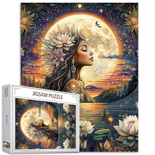 Puzzle Mädchen mit Blumen, 1000 Teile für Erwachsene, Familien (Göttin, Vollmond, Frau, Lotusblumen), Teile passen perfekt zusammen, 50 x 70 cm, gerahmte magische Puzzle-Kunst von TUMOVO