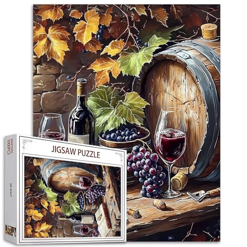 Rotwein-Puzzle, 1000 Teile für Erwachsene, Familien (Weinflasche/Tasse, Holzfass, Obsttraubenstücke passen perfekt zusammen, 50 x 70 cm, Alkoholgetränk, rahmenbar, magisches Puzzle-Kunstgeschenk, von TUMOVO