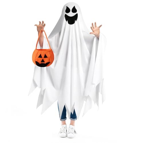 TUNAON Geisterumhang Halloween Kinder Kostüm Weiß Ghost Umhang,Kinder und Erwachsenen Umhang mit Geistergesicht für Halloween Karneval Cosplay mit Orangefarbene Kürbishandtasche von TUNAON