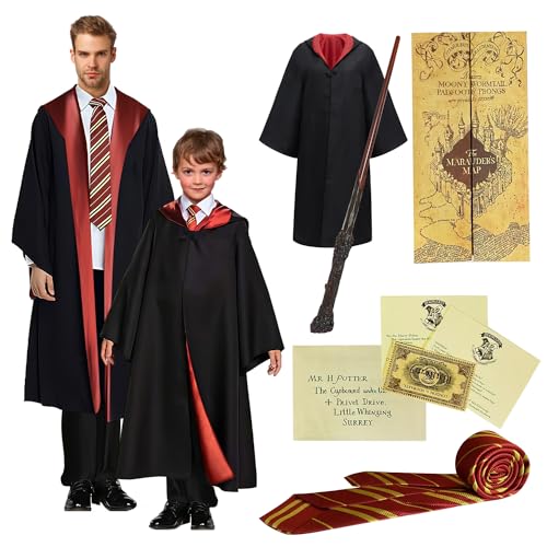 TUNAON Harry Kostüm 6-teiliges Set für Erwachsene und Kinder, inklusive Zauberer Umhang, Zauberstab und Krawatte. für Halloween, Karneval, Cosplay und Geburtstag, Rituale voller (Rosa, XXXL) von TUNAON