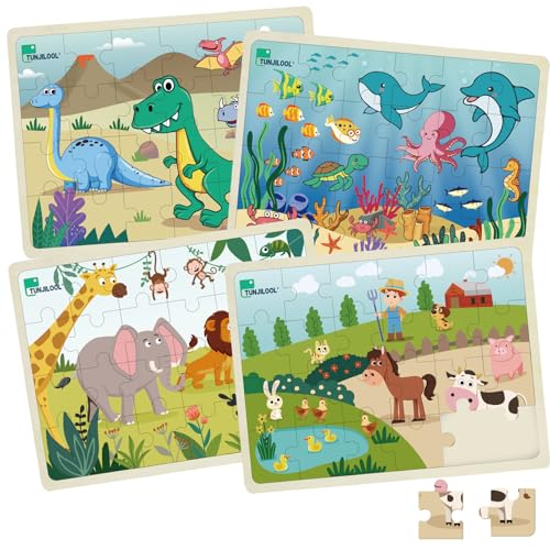 TUNJILOOL Holzpuzzle ab 3 4 5 6 Jahre, 4x24 Teilen Kinder Tier Puzzle, lernendes pädagogisches Montessori-Spielzeug, Geschenke für Kinder für Jungen und Mädchen von TUNJILOOL