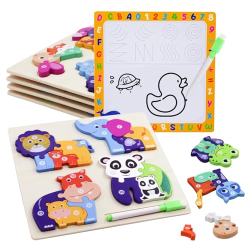 TUNJILOOL Holzspielzeug f체r Kleinkinder ab 1 2 3 Jahren, 4 St체ck 2 in 1 Holzpuzzle Steckpuzzle Montessori Spielzeug f체r Baby, Tier Holzpuzzle Puzzle Kleinkind Lernspielzeug f체r Kinder Jungen und M채dch von TUNJILOOL