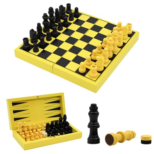 TUNJILOOL Schachspiel, 3 in 1 Schachbrett Holz Hochwertig Schach Dame Backgammon, Tragbares und Faltbares Chess Board Set, Schachspiel Klappbar für Teen Erwachsene Party Reisen (18cm) von TUNJILOOL