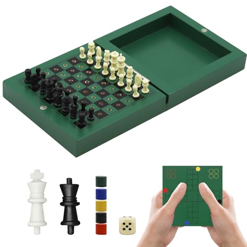 TUNJILOOL Schachspiel, 3 in 1 Schachbrett Holz Schachspiel Schach Dame Backgammon, Tragbares und Faltbares Chess Board Set Reiseschach Mini Schach für Kinder Erwachsene Reisen 10x10cm von TUNJILOOL