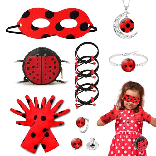 TUONYIS 12 Stücke Ladybird Kostüm Set, Ladybird Maske Handschuhe Tasche Ladybird Haarbänder Set, Rot Schwarz Verkleidung Mädchen Rollenspiel Set, Halloween Karneval Ladybug Kostüm Zubehör Set (Rot) von TUONYIS