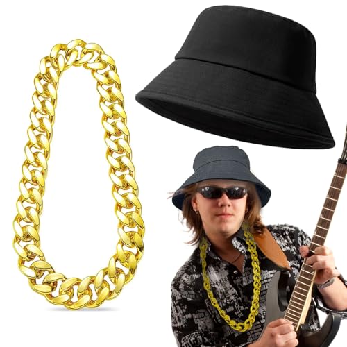 TUONYIS 2 Stück HipHop Kostüm Set Zuhälter Kostüm 70er 80er 90er jahre outfit herren goldkette herren Gangster Gang Fischerhut Hustler Rapper für Cosplay Halloween Fasching Karneval Thema Party von TUONYIS