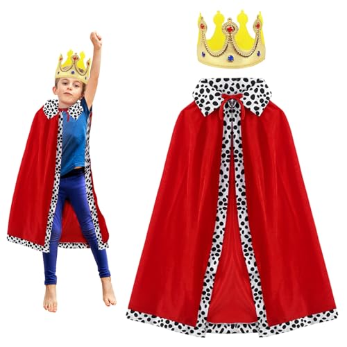 TUONYIS 2 Stück König Kostüm Kinder, König Umhang Prinz Umhang Königsumhang Samtumhang mit Krone, Prinz Kostüm Kinder für Halloween, Karneval, Prinzenparty, Cosplay, 80cm (Red) von TUONYIS