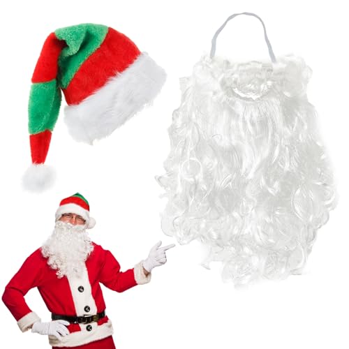 TUONYIS 2 Stück Weihnachtsmann Kostüm Set,Rot und Grün Gestreifte Weihnachtsmütze,Weihnachtsmann Bart,Kostüm für Nikolaus, für Kinder, Erwachsene, Weihnachtsfeier, Neujahr, festliche Party (2 Stück) von TUONYIS