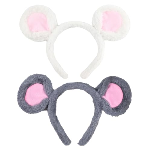 TUONYIS 2 Stücke Bärenohren Stirnbänder Plüsch Maus Ohren Haarreifen, Stirnband mit Mausohren, Stirnbänder Tier Maus Kostüm für Halloween Fasching Karneval Motto Party Kostüm Accessoires (Grau, Weiß) von TUONYIS