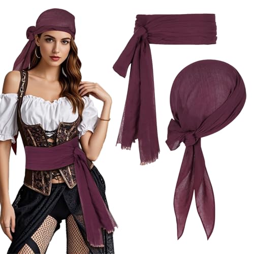 TUONYIS 2 Stücke Piratenkostüm Zubehör, Piraten Kopftuch, Piraten Gürtel Schärpe, Kopftuch Taillengürtel Piratenkostüm Damen Herren Accessoires, Karneval Kostüm Pirat, für Cosplay Halloween (Weinrot) von TUONYIS