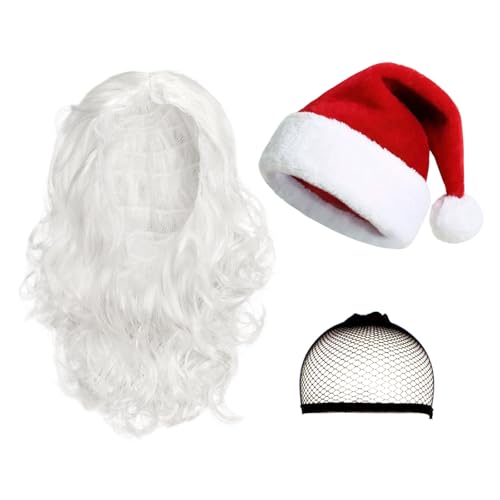 TUONYIS 3 Stück Weihnachtsmann Kostüm Set Enthält Weihnachtsmannmütze,Weihnachtsmann-Perücke und Perückennetz,Perücke zum Verkleiden als Nikolaus für Erwachsene, Feiertagskostüm Neujahr(3 Stück) von TUONYIS