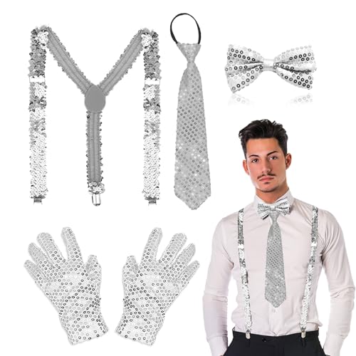 TUONYIS 4 Stück Jazz Dance Performance Hippie Accessories Pailletten Set mit Glitzer Fliege Hosenträger Krawatte Handschuhe für Mardi Gras Karneval Hip-Hop Dance Mottoparty (Silber) von TUONYIS