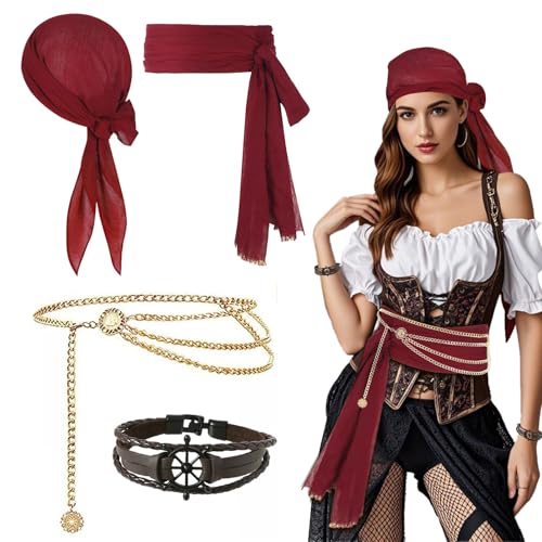 TUONYIS 4 Stücke Piratenkostüm Damen Zubehör, Mittelalter Piratenkapitän Kostümzubehör, Piraten Kopftuch, Taillenkette, Taillengürtel, Armband, Karneval Kostüm Pirat, für Cosplay Halloween (Rot) von TUONYIS