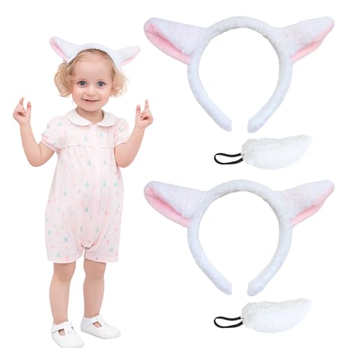 TUONYIS 4 Stücke Tier Lamm Kostüm Set, Schaf Lammohren Stirnband Schwanz Set, Schaf Stirnband mit Ohren, für Tierkostüm Cosplay, Erwachsene, Kinderkostüm, Partyzubehör (Weiß, Rosa) von TUONYIS