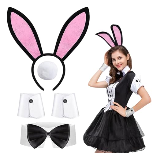 TUONYIS 4 Teiliges Häschen Kostüm Set, Hasenohren Fliege Kostüm-Manschetten Hasenschwanz Häschen Kostüm Zubehör für Kinder und Erwachsene Ostern Halloween Cosplay Kostüm Verkleidung (Rosa) von TUONYIS