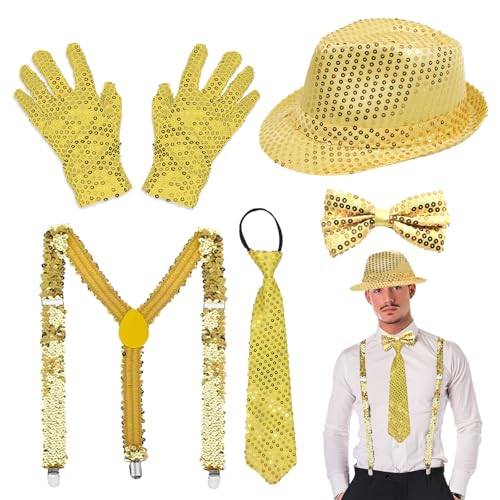 TUONYIS 5 Stück Jazz Dance Performance Hippie Accessories Pailletten Set mit Glitzer Fliege Hut Hosenträger Krawatte Handschuhe für Mardi Gras Karneval Hip-Hop Dance Mottoparty (Gold) von TUONYIS