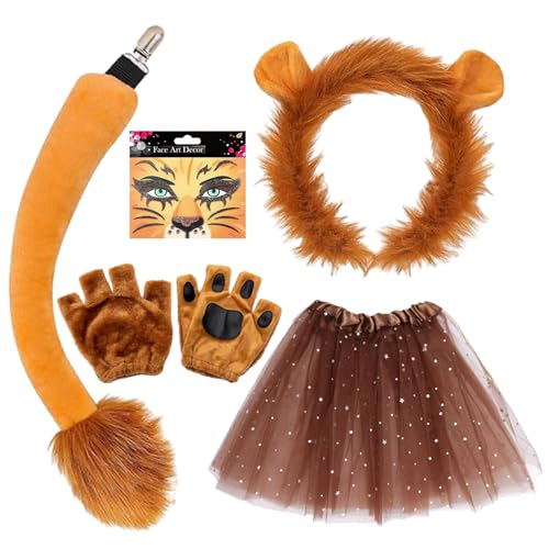 TUONYIS 5 Stück Löwe Kostüm,Gesichtsbemalung Löwenohren Stirnband Handschuhe Schwanz Tutu Löwen-Set, Löwen-Set Ausgefallenes Zubehör für Tier-Cosplay Bühnenauftritt Halloween(Löwe) von TUONYIS