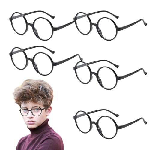 TUONYIS 5 Stücke Retro Runde Brillen, Kinde Nerd Brille, Spielzeugbrille für Halloween, Retro Runde Brillen, Zauberer Brille Gläser, Kostümzubehör für Weihnachten Karneval und Party Cosplay (Schwarz) von TUONYIS