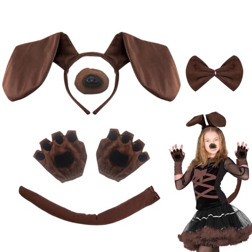 TUONYIS 5-teiliges Dackel-Kostüm-Set, Welpenkostüm, Hundeohren, Stirnband und Schwanz, Tierkostüm, Hundekostüm, Zubehör für Halloween, Cosplay, Party (5-teilig) von TUONYIS