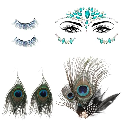 TUONYIS 6 Stück Pfau Kostüm Damen Set, Pfauenfedern Haarschmuck, Bunte Wimpern, Glitzersteine Gesicht, Ohrringe, Pfau Accessoires zum Halloween Karneval Cosplay, Mottoparty, Cosplay (Grün) (Grün) von TUONYIS