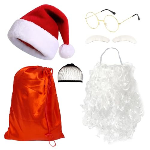 TUONYIS 6 Stück Weihnachtsmann-Anzug,Weihnachtsmann Kostüm Set Weihnachtsmann-Mütze Bart Augenbrauen Goldene Brille Rote Tasche Haarnetz für Erwachsene Weihnachten Cosplay Neujahrsparty (Rot) von TUONYIS