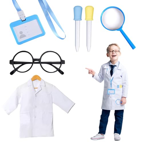 TUONYIS 6-teiliges Kinder-Wissenschaftler-Kostüm, Laborkittel mit Tropfbrille, Arbeitskartenlupe, für Jungen und Mädchen, Wissenschaftler-Outfit, Ärzte-Outfit, Wissenschaftler, Rollenspiel-Set, von TUONYIS