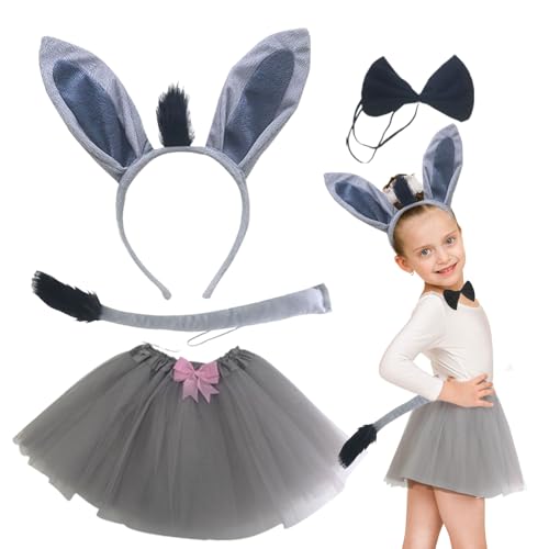 TUONYIS Esel-Kostüm-Zubehör, Tier-Kostüm-Set mit Esel-Ohr und Schwanz, Tutu-Rock, Verkleidungs-Set, Tier-Kostüm, Karneval, Party, Halloween-Kostüm für Mädchen (grau) von TUONYIS