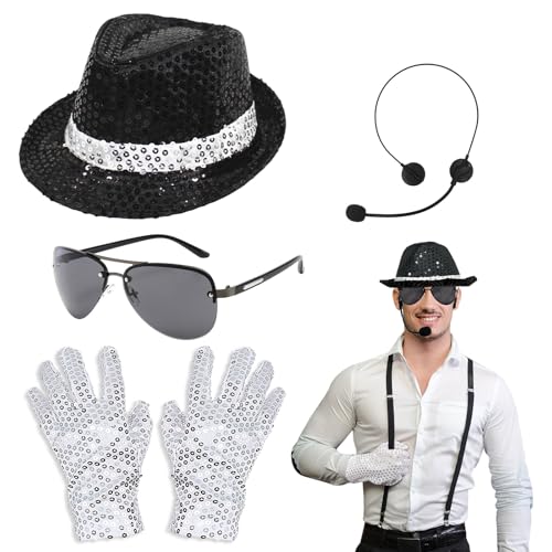 TUONYIS Kostümzubehör für Erwachsene Cosplay Kostüm, King of Pop-Kostüm-Set mit Pailletten Hut, Mikrofon, Sonnenbrille,Handschuhen, Rocker Star Pailletten Kostüme der 1980er Jahre. von TUONYIS