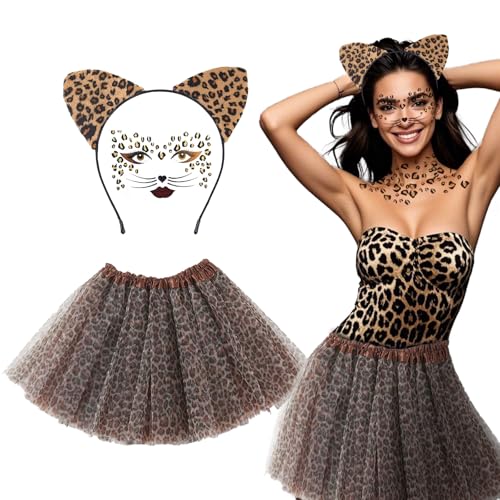 TUONYIS Leoparden Kostüm Set, Leoparden Ohren Haarreif Leoparden Tutu Rock Gesichtstattoo Karneval kostüm Accessorie für Kinder Erwachsene Karneval Cosplay Halloween Party (Braun) von TUONYIS