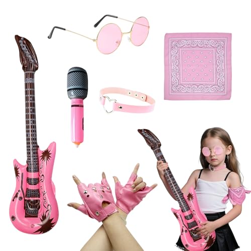 TUONYIS 6 Stück Rockstar Rocker Kostüm Kinder, Rosa Rocker Outfit 70er 80er 90er Jahre Accessoires, Punk Gothic Accessoires mit Handschuhe Sonnenbrille Bandana Aufblasbare Gitarre Mikrofon Halsketten TUONYIS 6 Stück Rockstar Rocker Kostüm Kinder, Rosa Rocker Outfit 70er 80er 90er Jahre Accessoires, Punk Gothic Accessoires mit Handschuhe Sonnenbrille Bandana Aufblasbare Gitarre Mikrofon Halsketten von TUONYIS