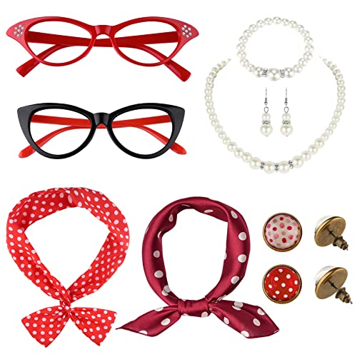 TUPARKA 12 Stücke 50er Jahre Rockabilly Kostüm Accessoires Damen 1950s Zubeh?r Set Inklusive Polka Dots Bandana Haarband Ohrringe Bracelet Katzenaugen Sonnenbrille Chiffon Schal von TUPARKA