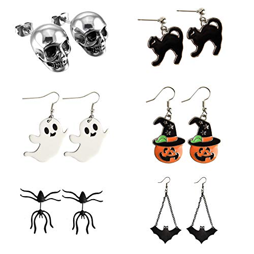 TUPARKA 6 Paar Halloween Ohrringe, Kürbis Skelett Schädel Kopf Fledermaus Spinne Geist Schwarze Katze Charm Ohrstecker Ohrringe Schmuck Set Halloween Party Dekorationen von TUPARKA