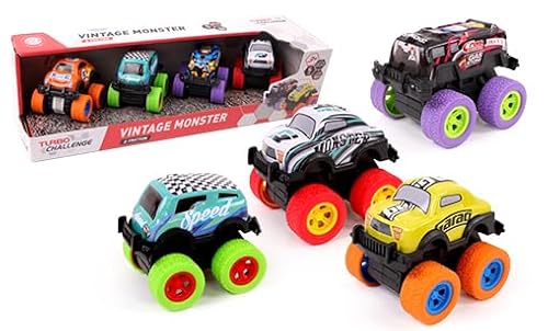 TURBO CHALLENGE - 4 Monster-Fahrzeuge Vintage – Die Cast – 022885-1/36 – Retro-Friction Auto – Mehrfarbig – Metall – Spielzeug für Kinder – Geschenk – Miniatur – ab 3 Jahren von TURBO CHALLENGE