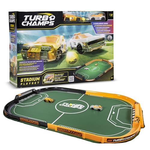 TURBO CHAMPS Stadium, Spiel, das Autos und Fußball verbindet, Tischspielzeug, leicht zu tragen, Rollen Sie das Auto nach hinten, um es anzutreiben, Spielzeug, Geschenk für Kinder + 6 Jahre von TURBO CHAMPS