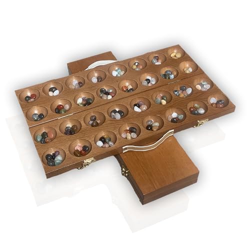 TURINTO® Kalaha-Spiel [Ink. Handgriff & Verschluss] aus massivem Holz umweltfreundlich - groß Mancala - Hus - Bao Edelsteinspiel 48 & extra Edelsteine Spannendes Strategiespiel Brettspiel - geschinke von TURINTO