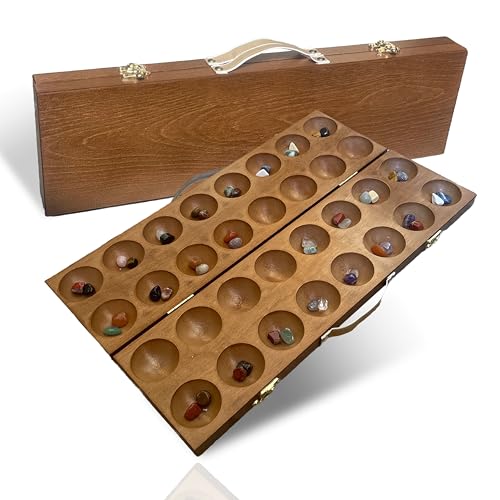 Turinto® Kalaha-Spiel [Ink. Handgriff & Verschluss] aus massivem Holz umweltfreundlich - groß Mancala - Hus - Bao Edelsteinspiel 48 & extra Edelsteine Spannendes Strategiespiel Brettspiel von TURINTO