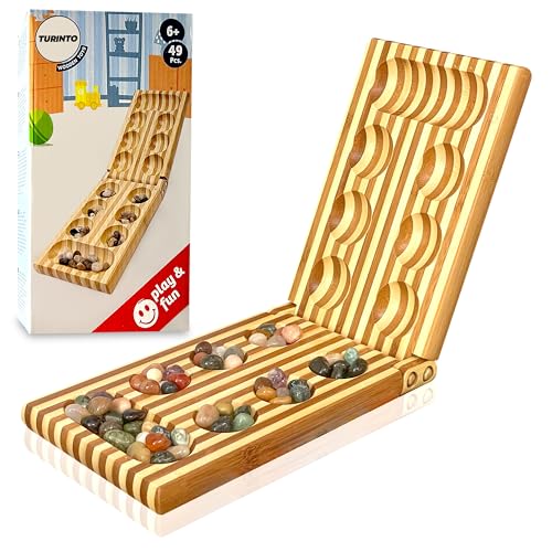 Naturholz Turinto Hus Steinchenspiel Bao Kalaha Mancala Edelsteinspiel inklusive Edelsteinen Brettspiel Gesellschaftsspiele als Geschenk für Kinder (kalaha klein) von TURINTO