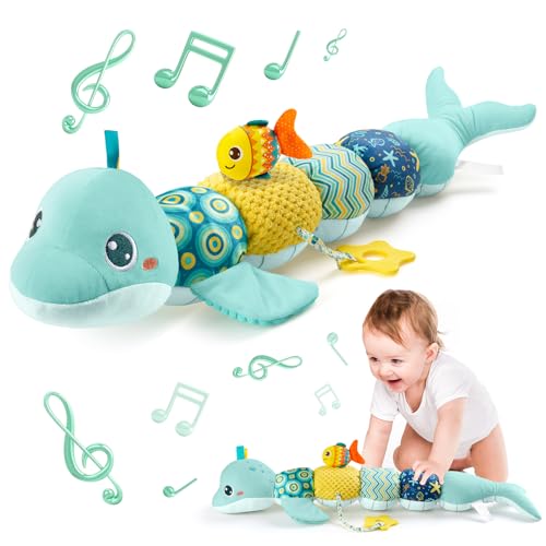 TURKIDS Montessori Säugling Baby Musical Plüschtiere, Stofftier Aktivität Soft Toys mit Multi-Sensorische Knistern, Rassel und Texturen für 0-3-6-12 Monate Entwicklungsspielzeug, Delphin, Wal, Blau von TURKIDS