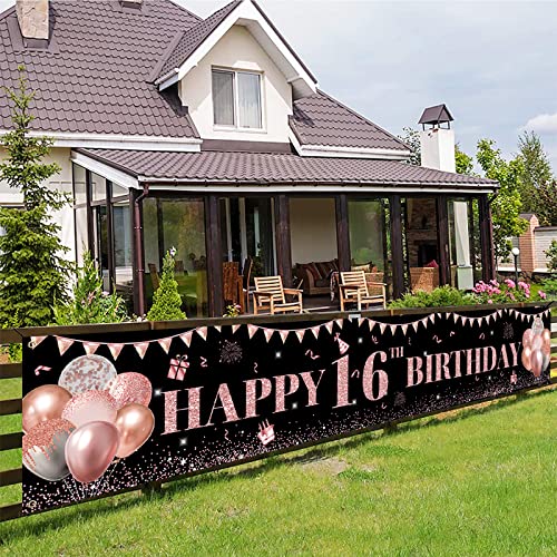 16 Geburtstag Deko Schwarz Roségold, Deko 16 Geburtstag Mädchen, 16. Geburtstag Mädchen Deko Banner Hintergrund, Groß 16. Geburtstag Stoff Schild Poster Banner für Geburtstagsfeier Deko, 300×50cm von TUTUXMA