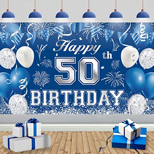 50. Geburtstag Deko Banner Blau Silber, 185x110cm Extra Groß Stoff 50th Geburtstag Hintergrund Schild Poster Banner, 50. Geburtstagsfeier Dekorationen Banner für Mann Geburtstagsdeko Party Deko von TUTUXMA