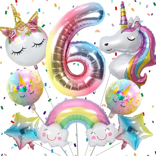 Luftballon Einhorn für Mädchen 6. Geburtstag Dekoration Folie Runde Einhorn Luftballon Regenbogen Sterne und Zahl 6 Folienballon für Geburtstagsdeko Mädchen 6 Jahr Einhorn Thema Partydekorationen von TUTUXMA