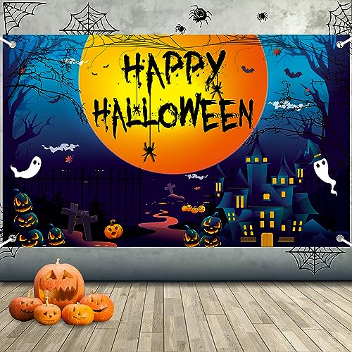 Halloween Banner, Halloween Dekoration Banner, Extra Große Happy Halloween Hängende Banner Deko, Halloween Hintergrund Banner Outdoor, Blau Halloween Party Banner für Haus Wand Veranda Vorhang Deko von TUTUXMA