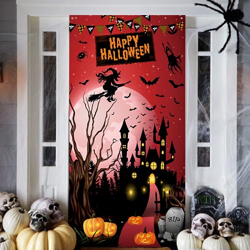 Halloween Deko Banner, Halloween Tür Deko Banner, Extra Große Happy Halloween Türabdeckung, Happy Halloween Hintergrund Türdeko Banner, Rot Halloween Party Banner für Haus Wand Veranda Vorhang Deko von TUTUXMA